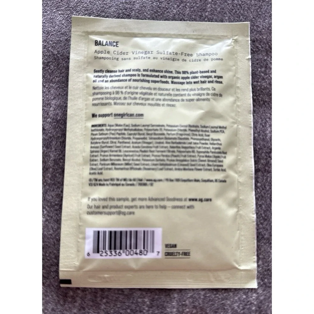 AG Care Balance Apple Cider‎ Vinegar Sulfate-Free Shampoo sample packet designed